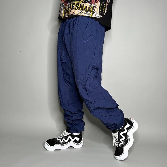 Vintage Nike Track Pants Navy Blue Nylon Joggers Subtle Embroidered Swoosh 90s - Picture 2 of 5